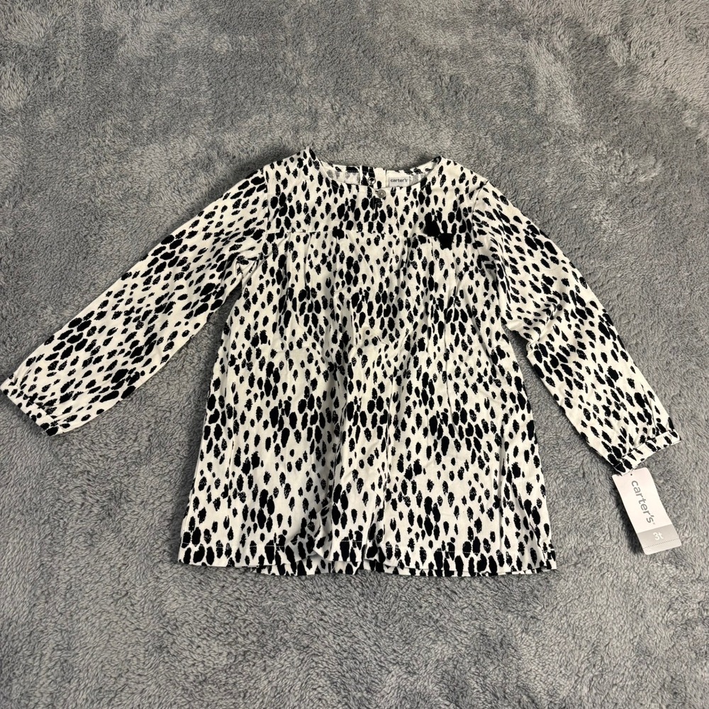 Carters Toddler Girls 3T Black White Animal Print Long Sleeve Cotton Top NWT
